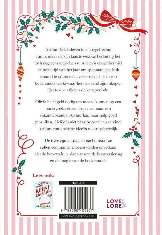 De achterkant van het kerstthema nederlandstalige boek de boekhandel van je dromen met feestelijke hulst en roze-witte strepen