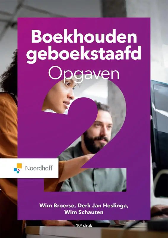 Paarse boekhouden geboekstaafd boekomslag met witte tekst en grote 2 uitgesneden, zichtbaar derk jan heslinga en ander persoon