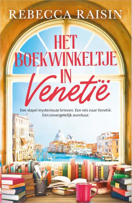 Het boekwinkeltje in venetië boekcover met arcevenster en titel in rode en witte letters voor een onvergetelijk avontuur
