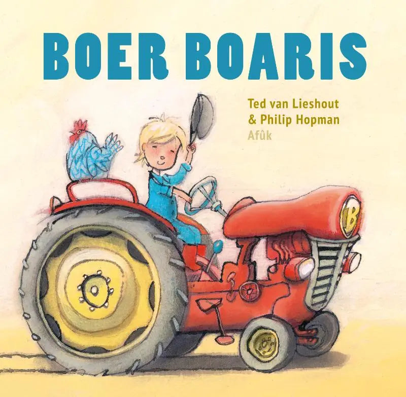 Rode en gele cartoon tractor met blauwe kip op de stoel geschikt voor jonge lezers in boer boaris product