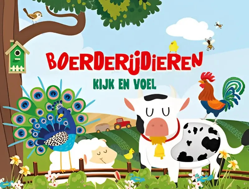 Een kleurrijk kinderboek met cartoon boerderijdieren zoals een zwart-witte koe, pauw en haan met focus op fijne motoriek