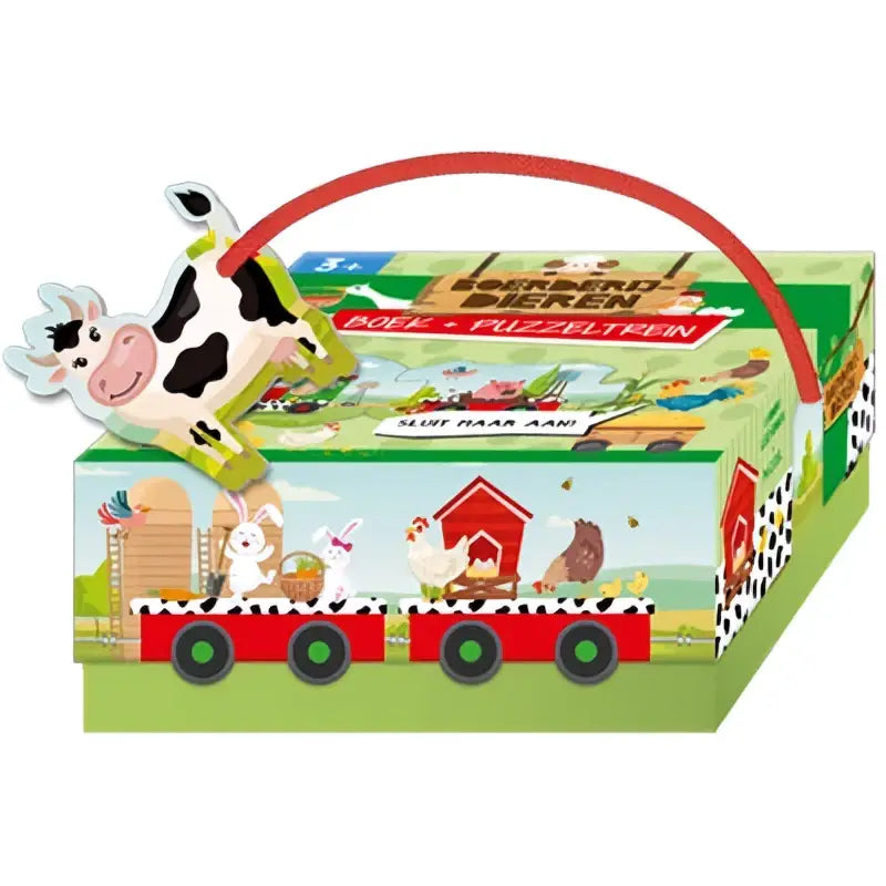 Boerderijdieren boek en puzzeltrein set met kleurrijke cartoon dieren in rode handvat koffer voor jonge lezers