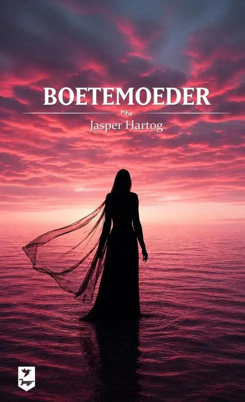 Silhouet van vrouw in vloeiende donkere boetemoeder jurk bij water met roze paarse zonsondergang achtergrond