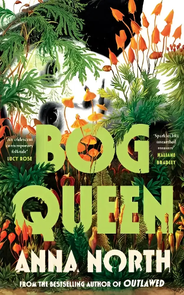 De bog queen boekcover van orion publishing toont de titel in limegroene letters met oranje en zwarte bloemmotieven