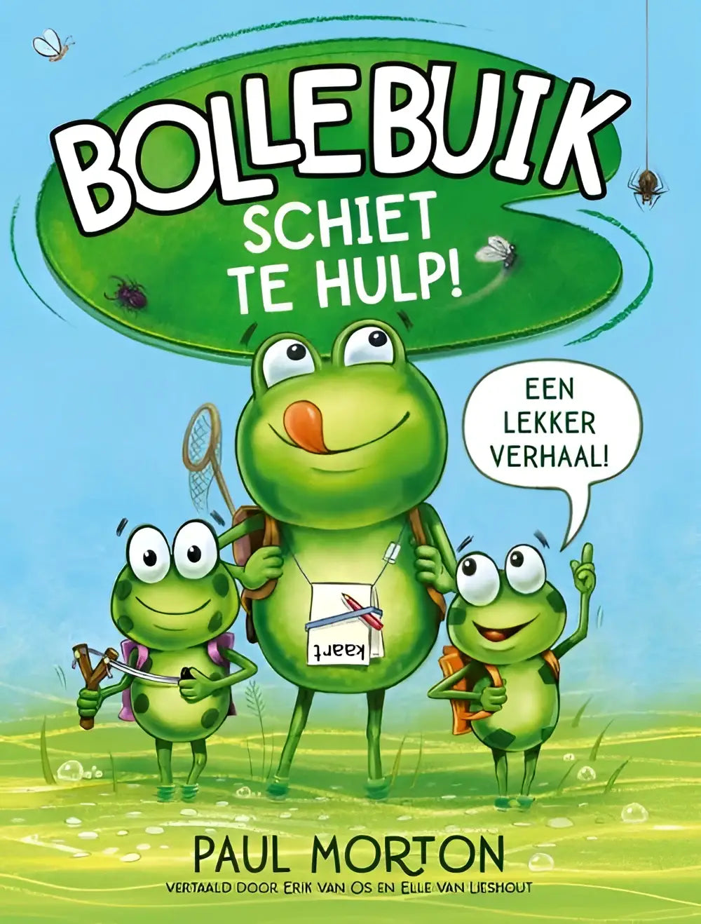 Groene cartoon kikker met grote ogen en rugzak die potlood vasthoudt in bollebuik schiet van paul morton serie bollebuik