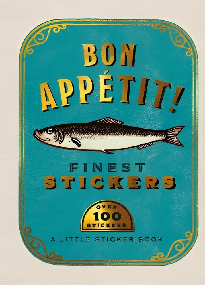 Teal colored little sticker book cover bon appetit featuring a detailed fish illustration with gold lettering and ornate border