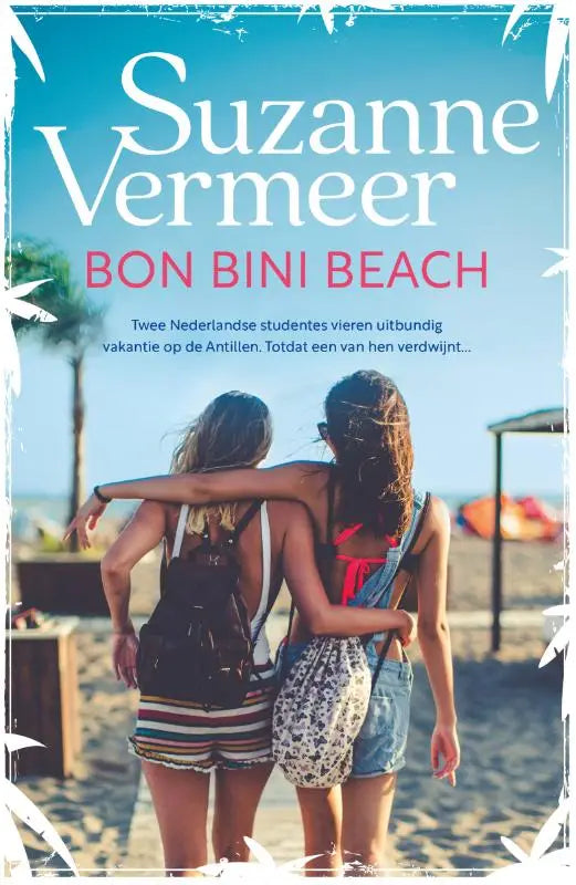De boekcover van bon bini beach door suzanne vermeer toont een levendige strandscène met twee jonge vrouwen onder blauwe lucht