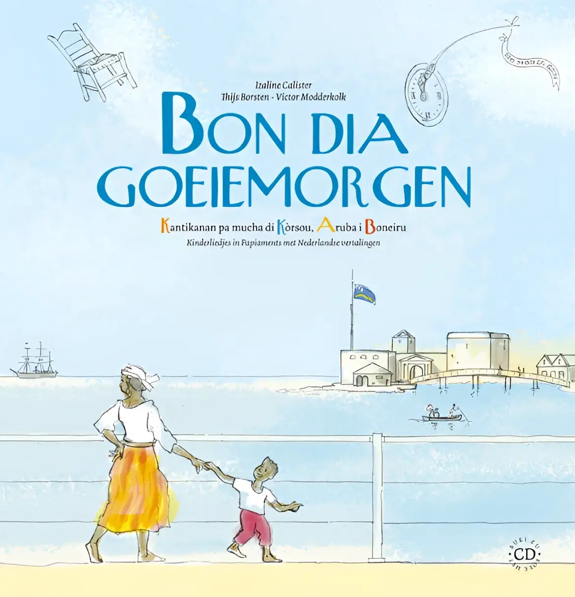 De cover van het kinderboek bon dia goedemorgen toont een kleurrijke illustratie van een oude vrouw en kind aan zee