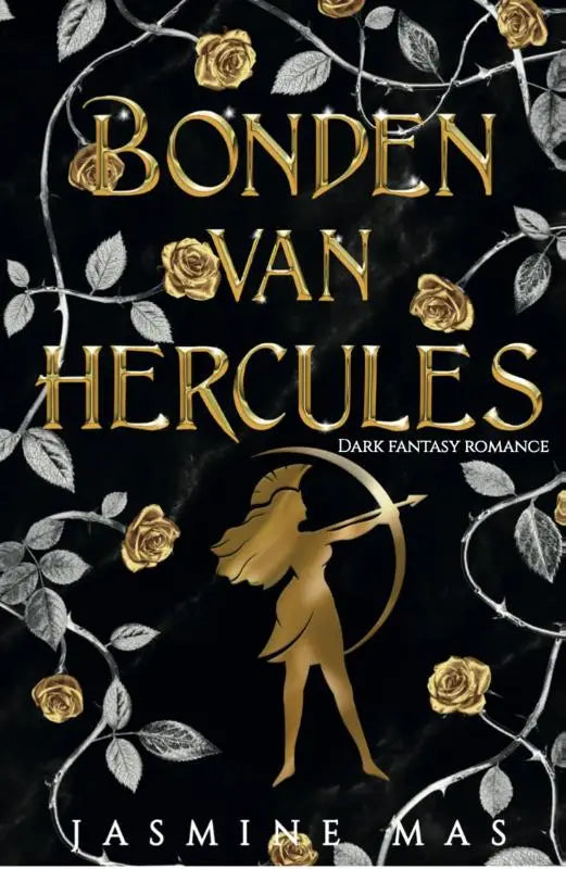 Gouden titel en silhouet op zwarte achtergrond met zilveren wijnstokken en rozen voor bonden van hercules product