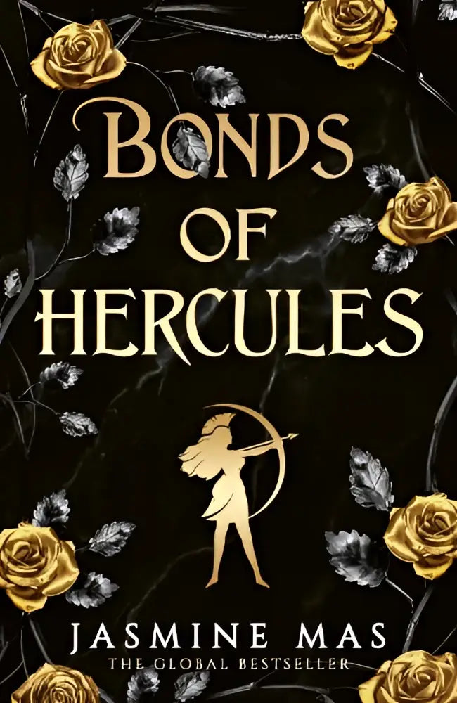 Zwart boek met gouden rozen en gouden silhouet van vrouw met boog getiteld bonds of hercules door jasmine mas