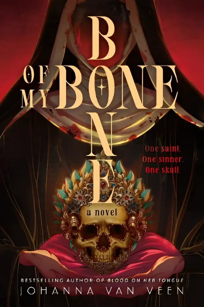A golden skull with a jeweled crown on red fabric illustrating queer folk horror fantasy in bone of my bone novel