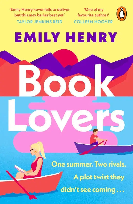 De levendige omslag van emily henrys boek lovers toont twee mensen in boten tegen een kleurrijk abstract landschap met een plot twist ze niet zagen aankomen