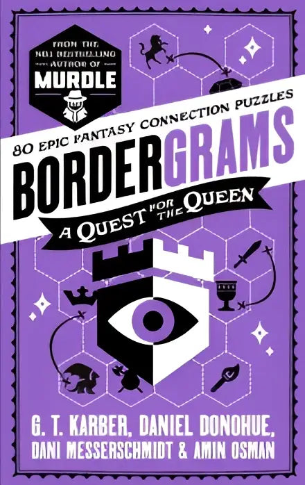 Paars boekomslag van bordergrams a quest for the queen met zwart-witte fantasieillustraties voor the queendom
