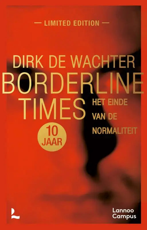 Rood boek borderline times met gouden letters en vervaagde silhouet van gezicht, lannoo campus maatschappij algemeen