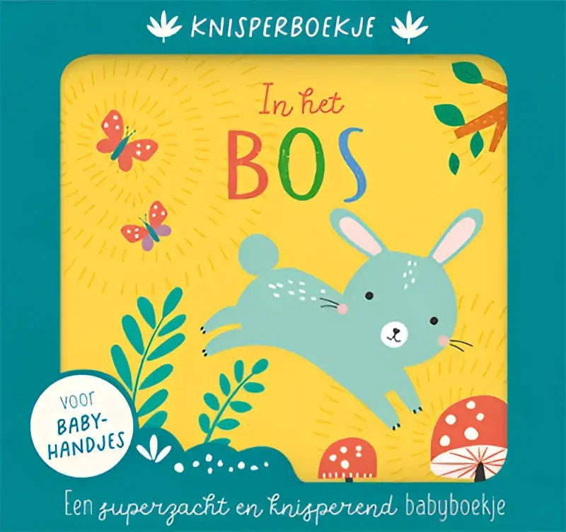 A zachtblauwe konijn met witte binnenoren en stippenpatroon springt op de gele omslag van het kinderboek in het bos