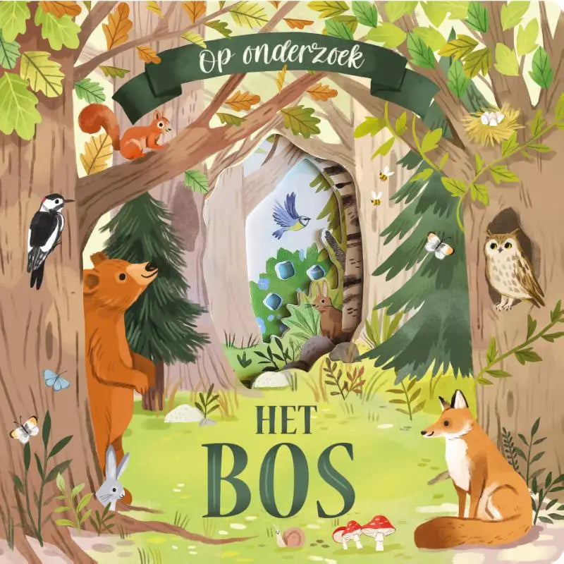 Het boek het bos op onderzoek toont een kleurrijke bosillustratie met dieren voor jonge lezers