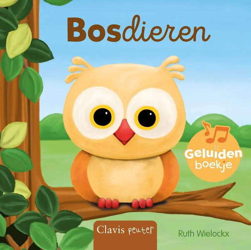 Een charmant geïllustreerde gele uil met grote zwarte ogen en een rode snavel op een tak voor jonge lezers bosdieren