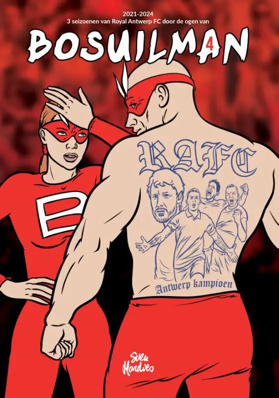 Rode superhero-themed comic boekcover met man en vrouw in rood met wit en man met tattoo, royalty antwerp thema