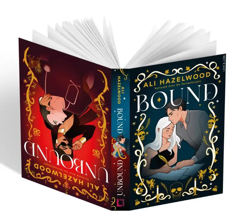 Hardcoverboek bound unbound van ali hazelwood met geïllustreerde romantische omslagen en gouden ornamenten nederlandse flipover-paperback