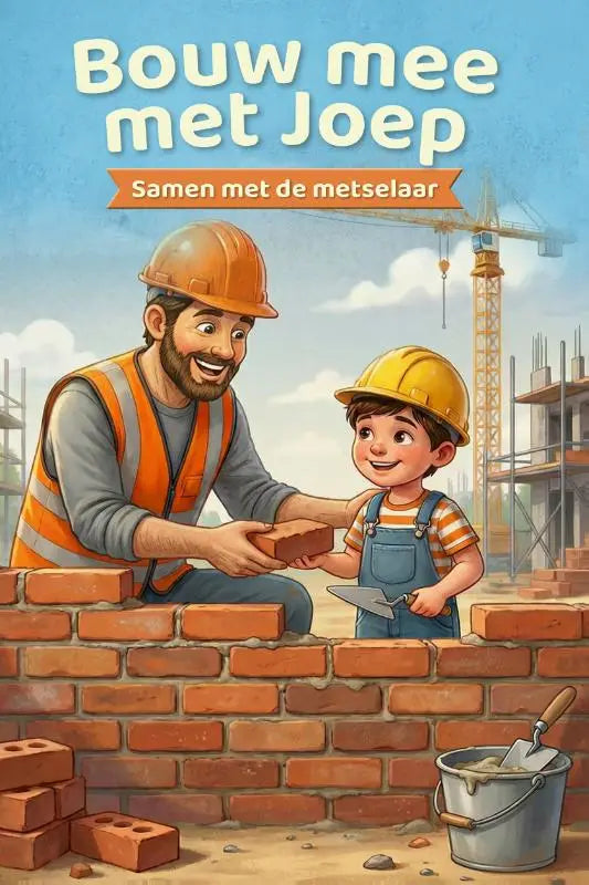 Man en kind dragen oranje en gele bouwhelmen op bouwplaats bij bouw mee met joep samen met de metselaar