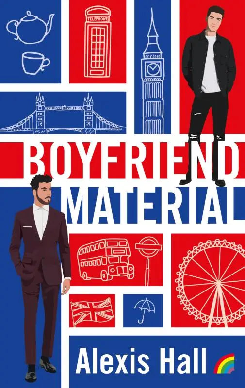 De boekcover van boyfriend material door alexis hall toont een queer romcom met rode en blauwe panelen en witte lijntekeningen van london landmarks