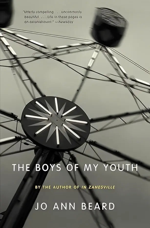 Zwartwit boekomslag met gestileerd reuzenrad en titel the boys of my youth van jo ann beard
