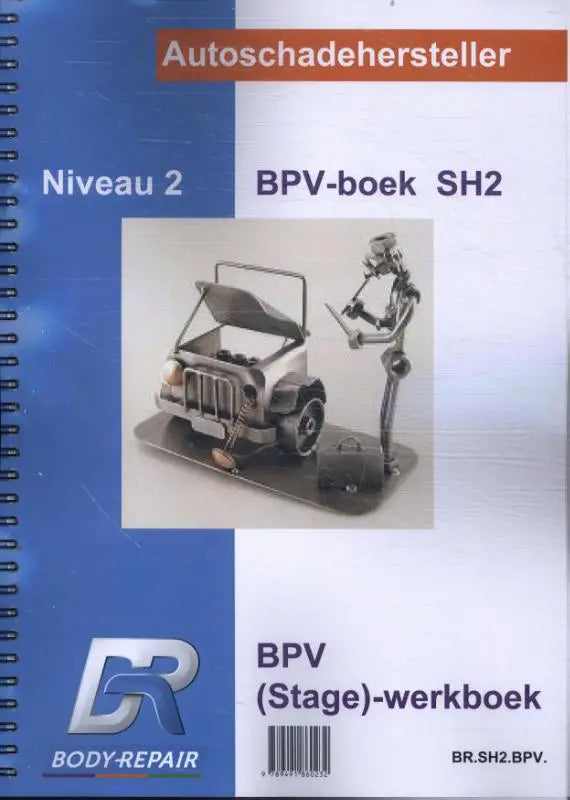Metallic zilveren model jeep met open motorkap naast gestileerd monteurfiguur voor bpv boek autoschadehersteller