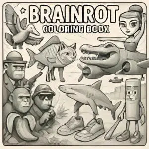 Brainrot coloring book met zwart-wit illustraties van eigenzinnige personages en dieren voor jonge lezers