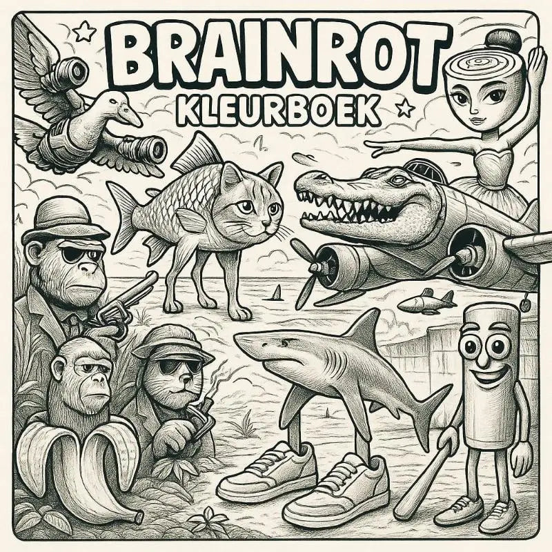 Black-and-white illustratie van brainrot kleurboek met brainrot dieren kleurplaten van surrealistische dieren zoals katvis en haai
