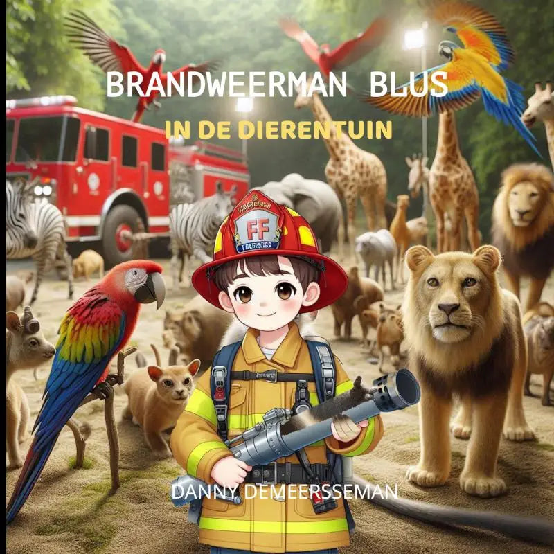 Brandweerman blus cartoon met rode helm en gele uitrusting houdt zilveren brandweerslang in dierentuin met vuurwagen