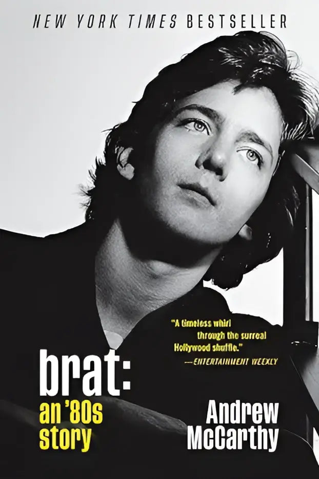 Zwart-witte boekcover met portret van andrew mccarthy en titel brat an 80s story van de auteur zichtbaar