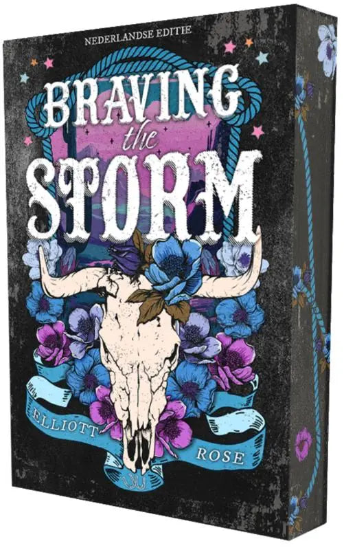 De roman braving the storm van elliott rose toont een witte stierenkop met blauwe en paarse bloemen op donkere achtergrond
