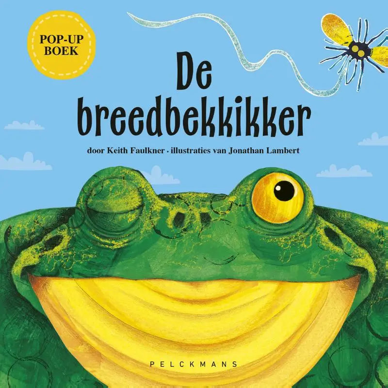 Een kleurrijk groen en geel pop-up boek de breedbekkikker met een cartoon kikker voor jonge lezers