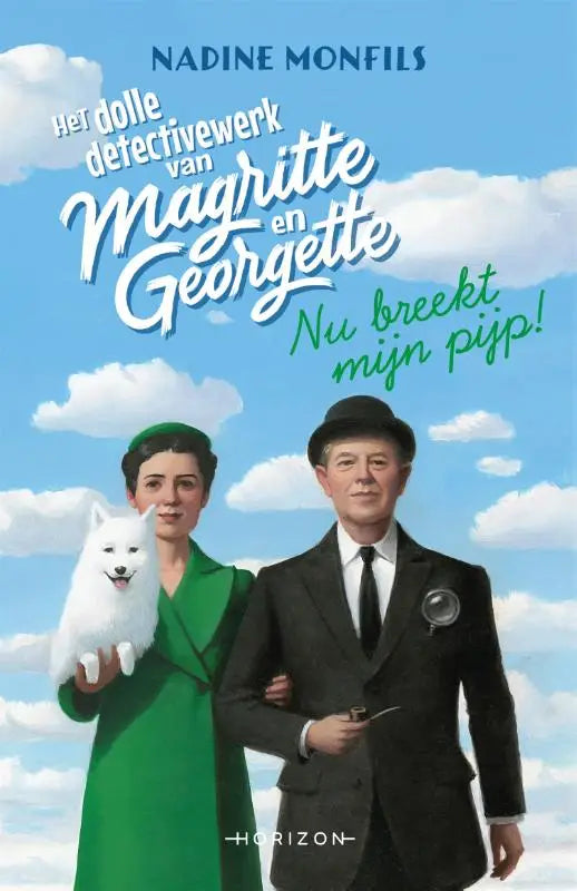 Het boek nu breekt mijn pijp met levendige illustratie van detectives en titel het dolle detectivewerk van magritte en georgette