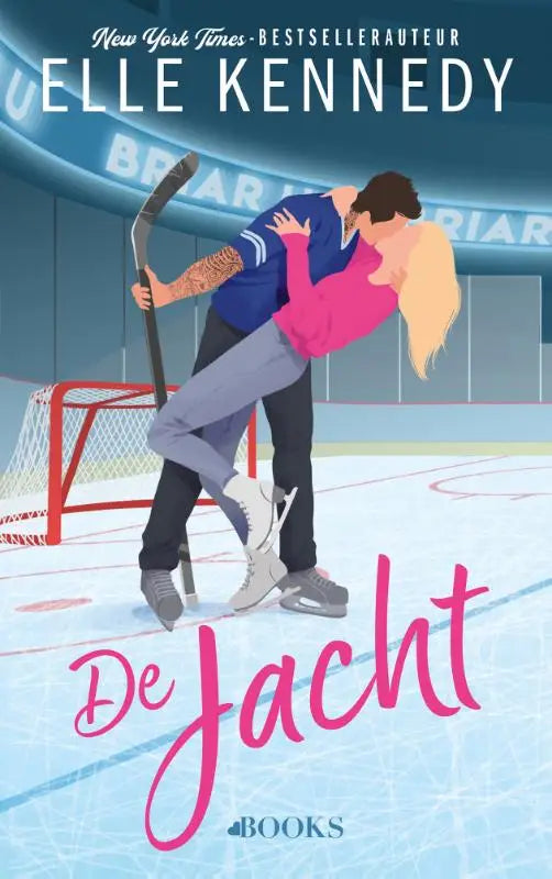 De cover van elle kennedy briar u-serie de jacht toont een koppel in romantische spanning op een ijshockeybaan