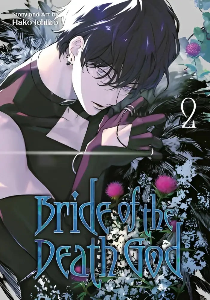 De cover van de manga bride of the death god 02 door hako ichiro met een donkerharig personage in zwart en paars met bloemmotieven