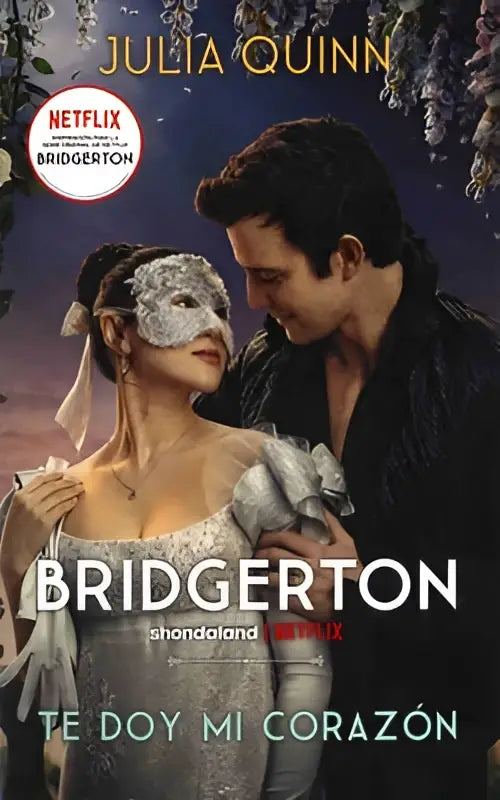 De sobrecubierta netflix voor bridgerton 3 doy mi corazon toont een vrouw met zilveren masker en witte kanten jurk naast een man in formele donkere kleding