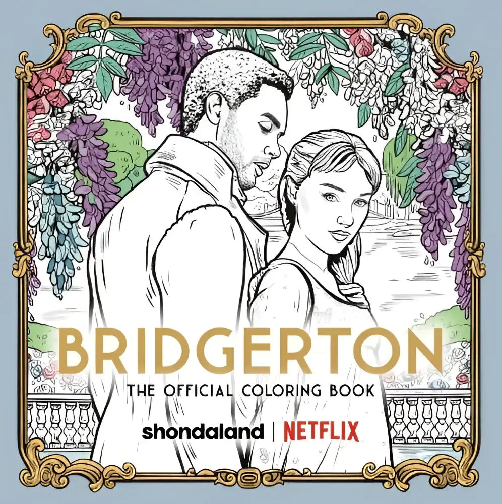 Bridgerton the official coloring book met een gouden lijst en illustratie van twee personages in een tuin met paarse blauweregen