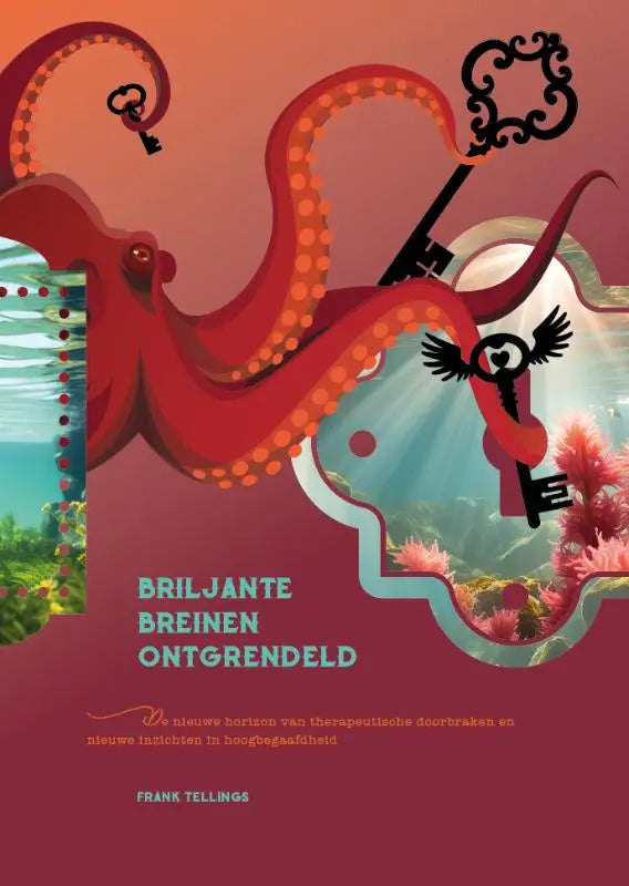 Vibrante rode octopus met oranje tentakeltips omwikkelt zwart sleutelornament op briljante breinen ontgrendeld cover