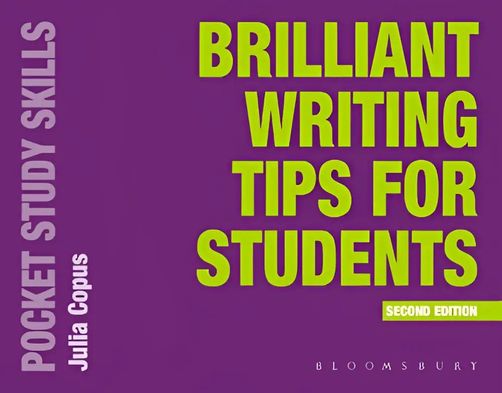 Paars boek met gele tekst brilliant writing tips for students van auteur julia copus gericht op writing tips for studenten