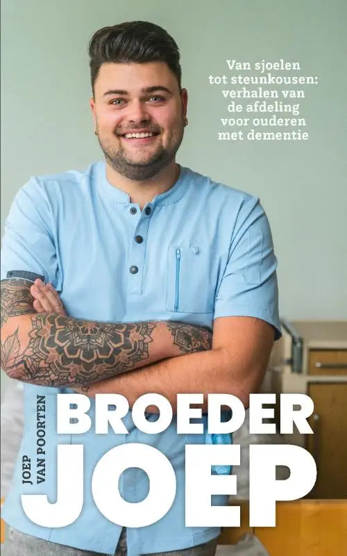 Het boek broeder joep vanaf toont de auteur in een lichtblauw, kort mouw henley shirt