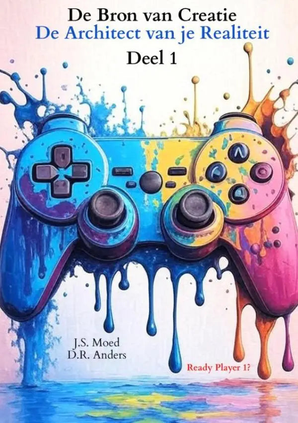 Een ready player videogamecontroller met druppelende verf in blauw en roze-oranje, zwart knopontwerp