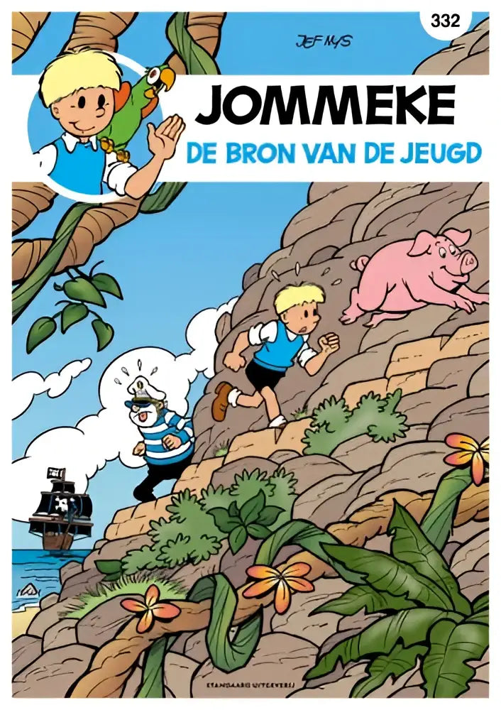 The cover of jommeke graphic novel de bron van de jeugd by jef nys features a boy in blue running with a pig and pirates