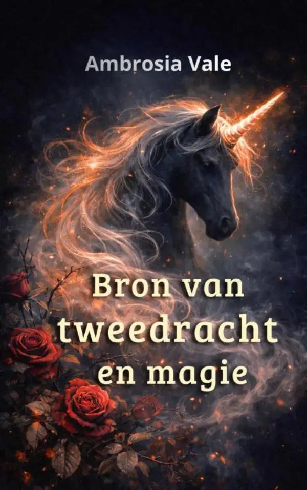 Een donkere mystieke eenhoorn met een gloeiende gouden hoorn en vloeiende witte manen tegen een rookachtige sterrenhemel in bron van tweedracht en magie