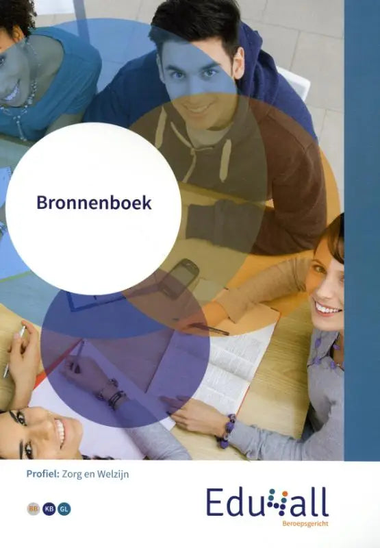 De cover van het bronnenboek zorg en welzijn van eduall met een groepsfoto van studenten en profieltekst