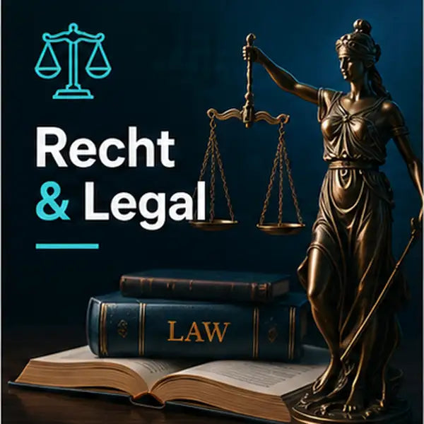 Bronzen standbeeld van Vrouwe Justitia met een weegschaal en een zwaard, staand naast een stapel juridische boeken.
