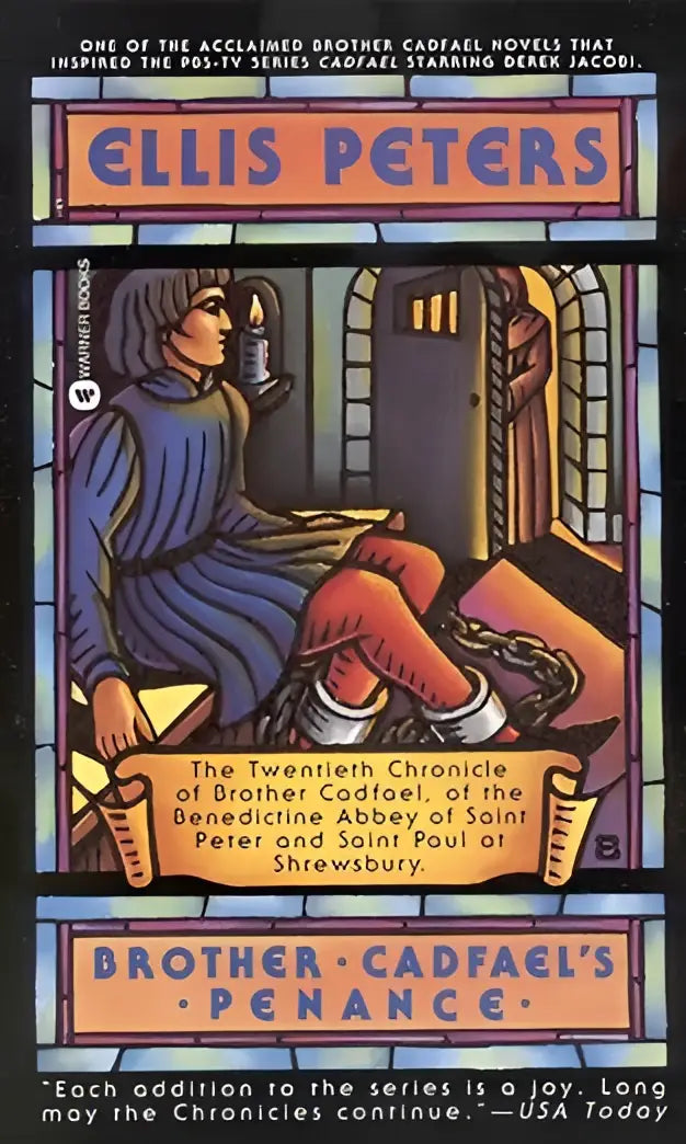 Stained glass style book cover of brother cadfaels penance by ellis peters featuring a medieval figure in blue and red robes seated with scrolls
