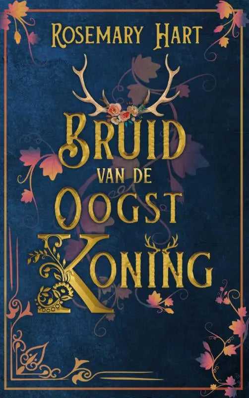 Donkerblauwe boekomslag van bruid van de oogstkoning met sierlijke gouden letters en bloemmotieven