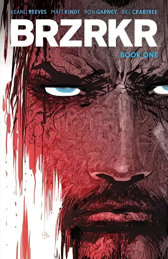 De cover van brzrkr book one toont een gestileerd portret van een man met blauwe ogen en zwarte inkttekeningen