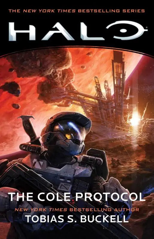 The cole protocol book cover showing a futuristic soldier with a glowing blue visor against an orange-red space backdrop